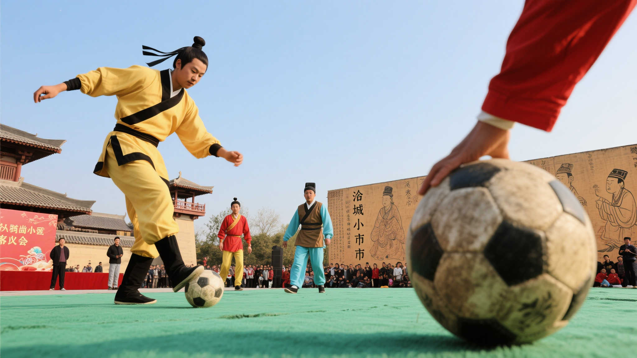 淄博蹴鞠惊艳亮相欧洲冠军联赛 蹴鞠作为中国古代的一项传统体育项目,最早可以追溯到